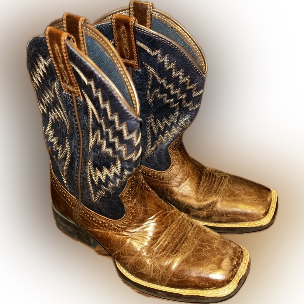 Kids Ariat Brown Navy Blue Leather Square Toe Embroidered Cowboy Western Boots 1